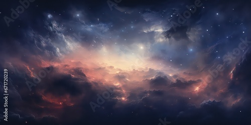 An abstract depiction of the night sky in space, adorned with clouds and stars, creating a mesmerizing.