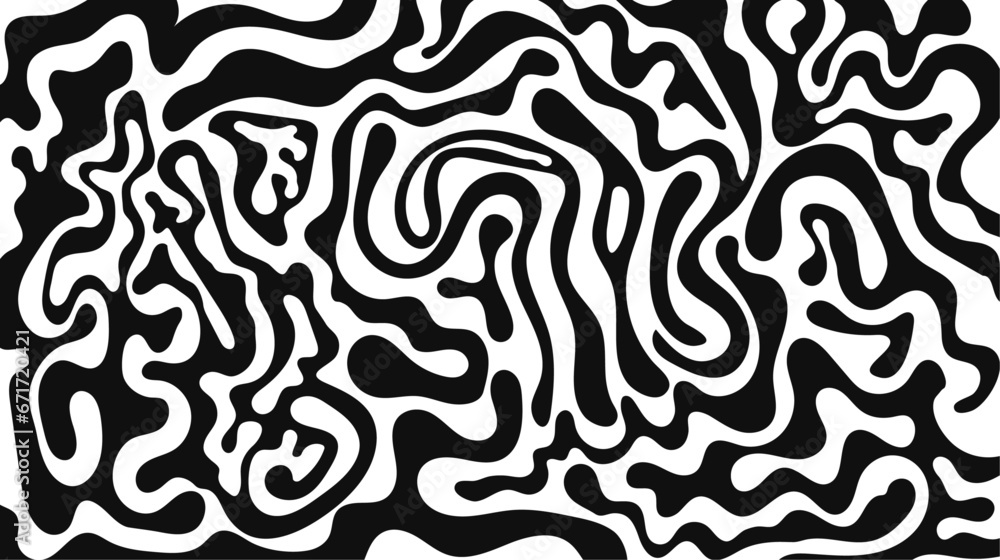 Wavy and swirled brush strokes vector pattern. Matisse curves aesthetics. Squiggles ornament. Horizontal banner with doodle bold lines. Black and white curved lines.