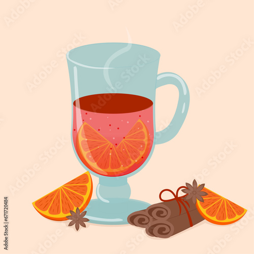 christmas mulled wine with orange, cinnamon and anise, retro, flat