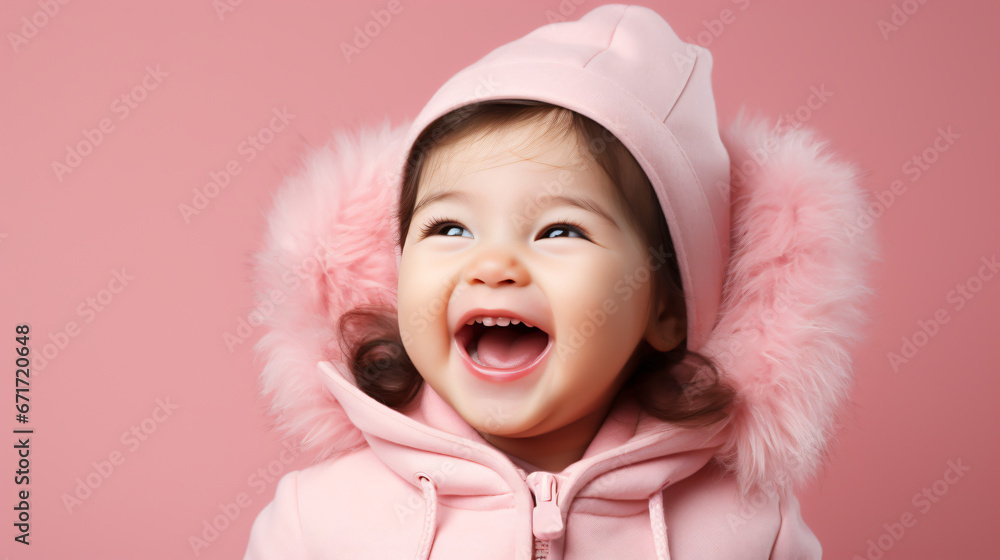 Portrait of a laughing little girl in a pink jacket and fur hood isolated over pink background. Portrait of a laughing little girl in a pink jacket and fur hood isolated over pink background.