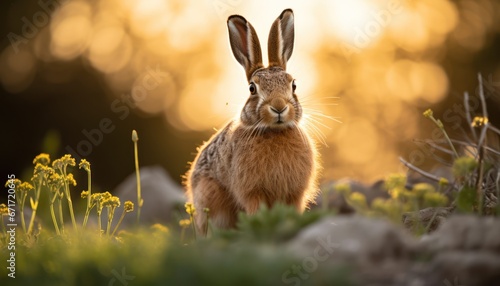 Photo of a Curious European Hare Rabbit in the Meadow