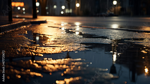 Reflections of streetlights in a puddle, with rain drops glimmering on the surface