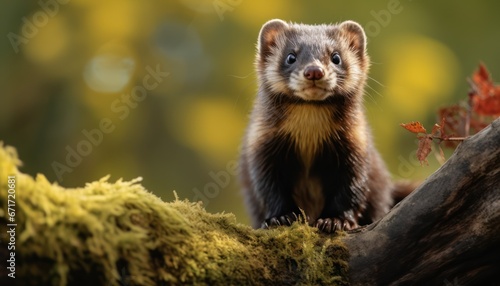 Photo of a Tiny European Polecat Perched on a Branch High in the Trees