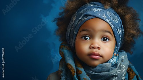 Portrait of a cute little african american child with curly hair on blue background.