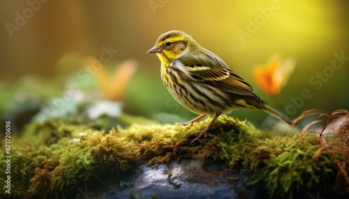 Photo of a Vibrant Serin Perched on a Lush, Green Background photo