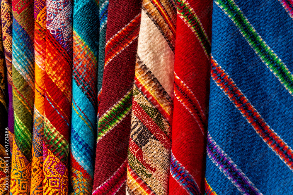 Colorful andes textiles fabrics on witch market, La Paz, Bolivia. - obrazy, fototapety, plakaty 