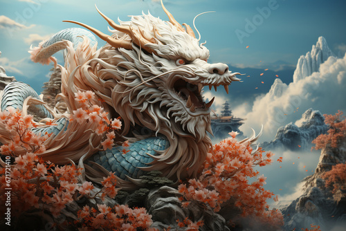 Traditional Asian dragon close up, green background. 2024 Chinese New Year zodiac sign. AI Generative © Elena