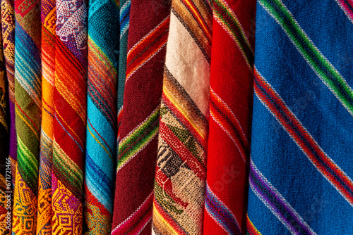 Colorful andes textiles fabrics on witch market, La Paz, Bolivia.
