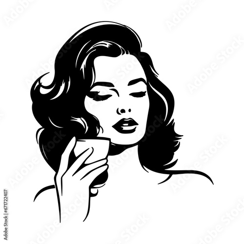 Girl drinking coffee in coffee shop or cafeteria, woman enjoying her cappuccino drink in mug, young woman holding her cup sitting at cafe table, flat vector illustration, cartoon character
