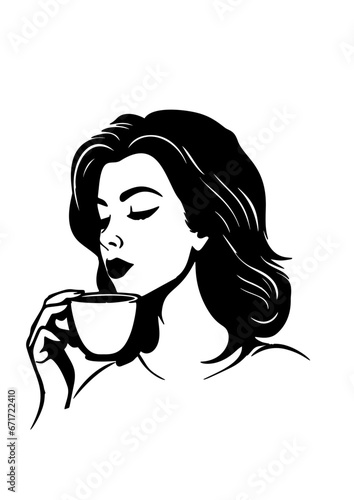 Girl drinking coffee in coffee shop or cafeteria  woman enjoying her cappuccino drink in mug  young woman holding her cup sitting at cafe table  flat vector illustration  cartoon character 