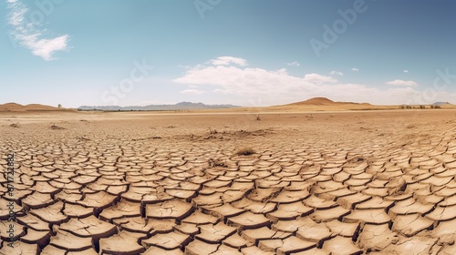 Desolate dry land, cloudy blue sky over the dried, cracked nature scene. Concept of water scarcity, environmental problem, climatic changes. Exode of population due to hunger and desertification.