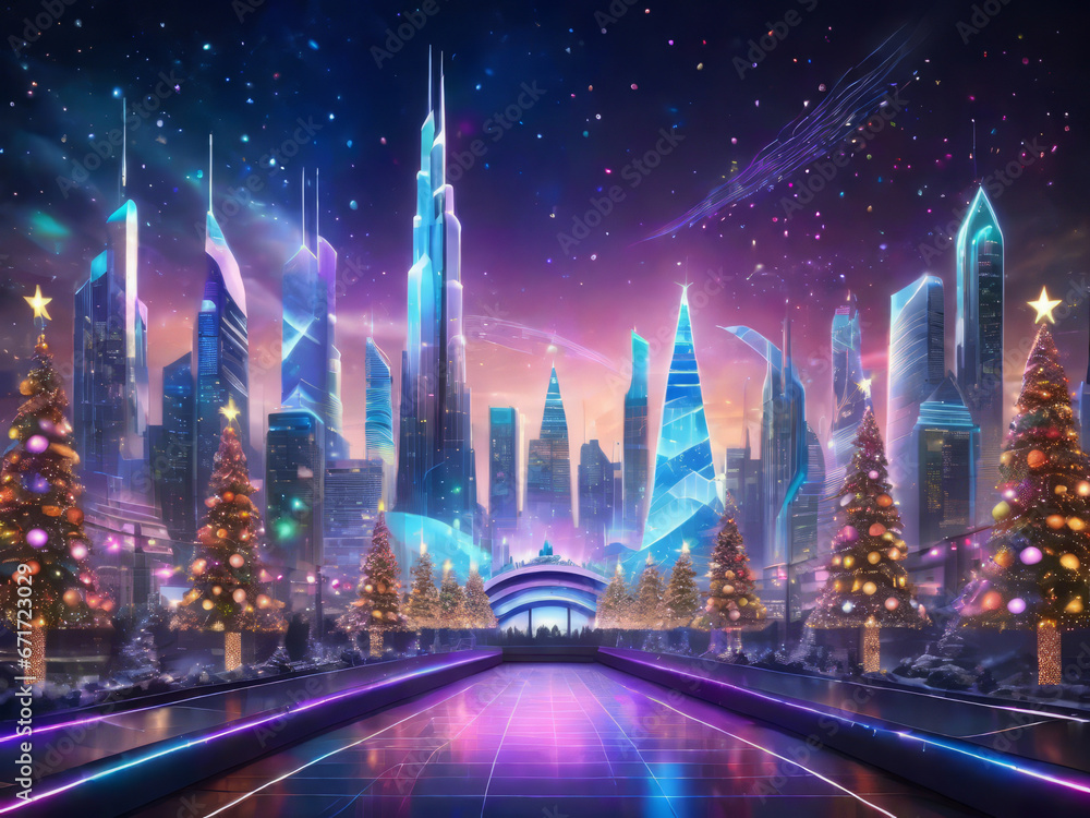 Fototapeta premium New Year's Eve in The City of Future, looked from park decorated with Christmas trees with lightning. Illustration