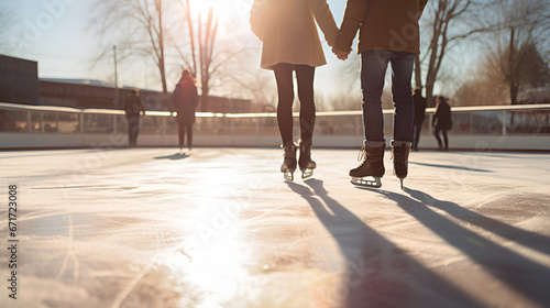 Winter Romance: Couple Holding Hands, Gliding on Sunlit Ice Skating Rink at Golden Hour. Generative AI