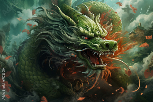 Traditional Asian green dragon close up, green background. 2024 Chinese New Year zodiac sign. AI Generative © Elena