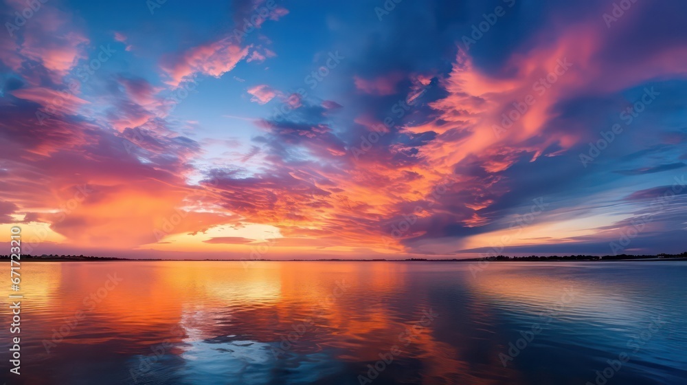 Panoramic sunset sky with vibrant clouds, displaying a colorful twilight sky during the sunny evening. Panoramic sunset sky with vibrant clouds, displaying a colorful twilight sky during the sunny evening.