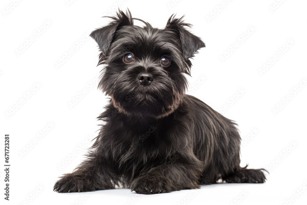 A Small Black Dog Posing on a Clean, White Surface