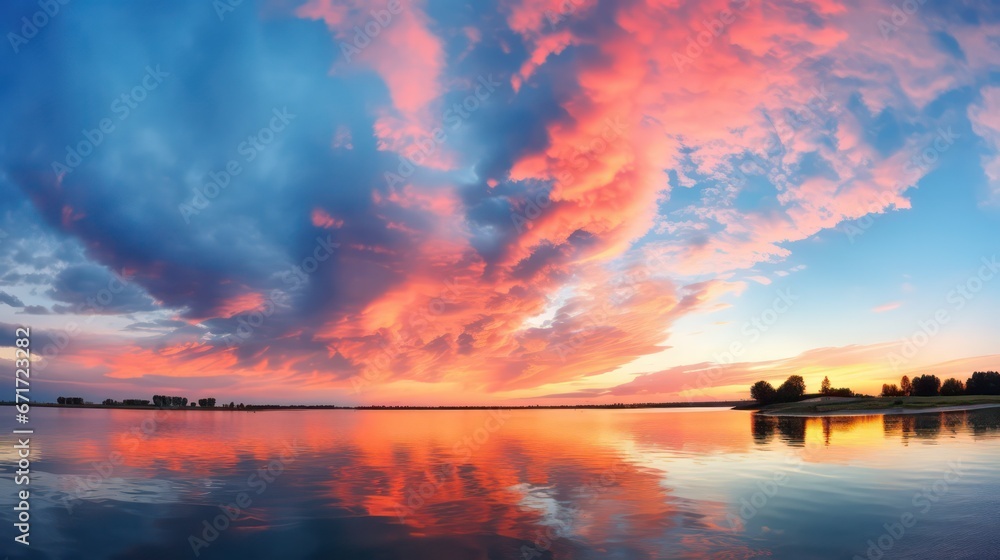 Panoramic sunset sky with vibrant clouds, displaying a colorful twilight sky during the sunny evening. Panoramic sunset sky with vibrant clouds, displaying a colorful twilight sky during the sunny evening.