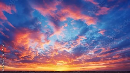 Panoramic sunset sky with vibrant clouds, displaying a colorful twilight sky during the sunny evening. © Nattadesh
