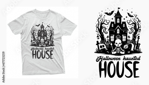 Premium Vector Halloween Stylish T-Shirt Design with Haunted House and Graveyard Halloween Scary  T-Shirt  Design
