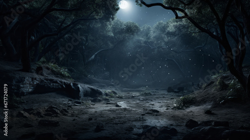 Moonlight pierces through the treetops, casting eerie shadows on the ground below