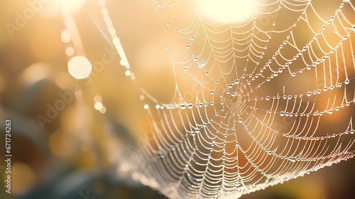 A close-up of a delicate, dew-kissed spider web glistening in the morning sun, showcasing the marvels of nature's engineering © Manuel