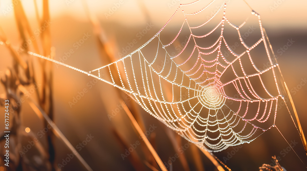 A close-up of a delicate, dew-kissed spider web glistening in the morning sun, showcasing the marvels of nature's engineering