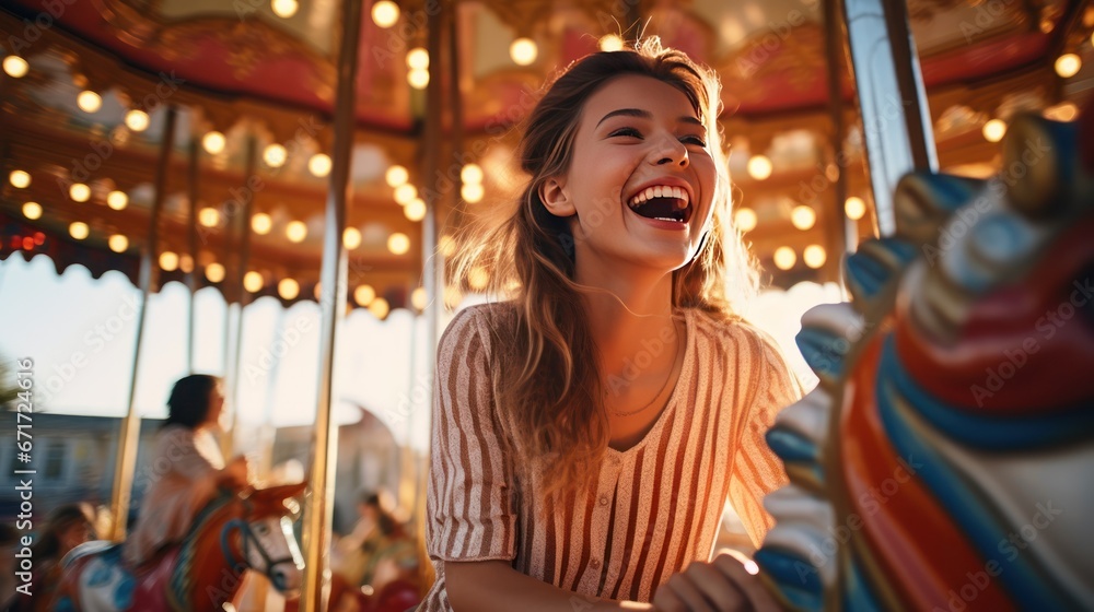 A happy young white girl expressing excitement while on a colorful carousel, merry-go-round, having fun at an amusement park