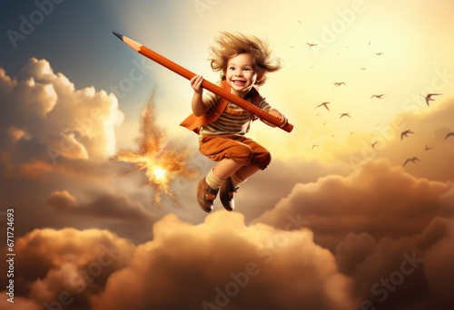 Back to school ,Happy cute industrious child flying on the pencil on background of sunset sky.