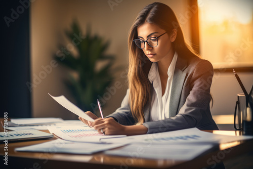 businesswoman who is diligently working on finances in office