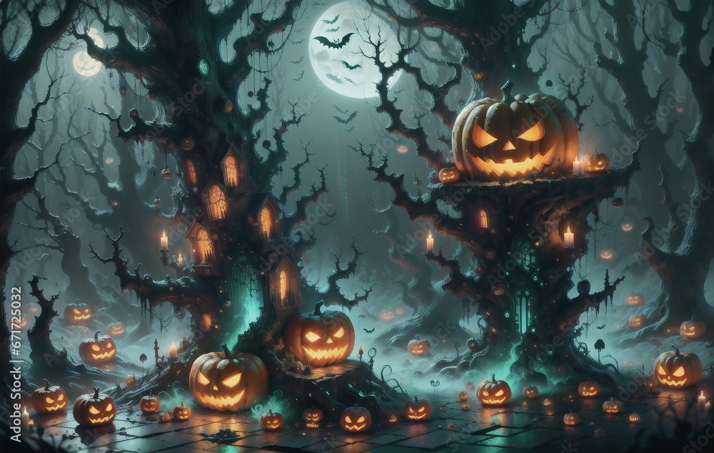 A terrifying Halloween night with jack-o'-lanterns and vampire bats.
