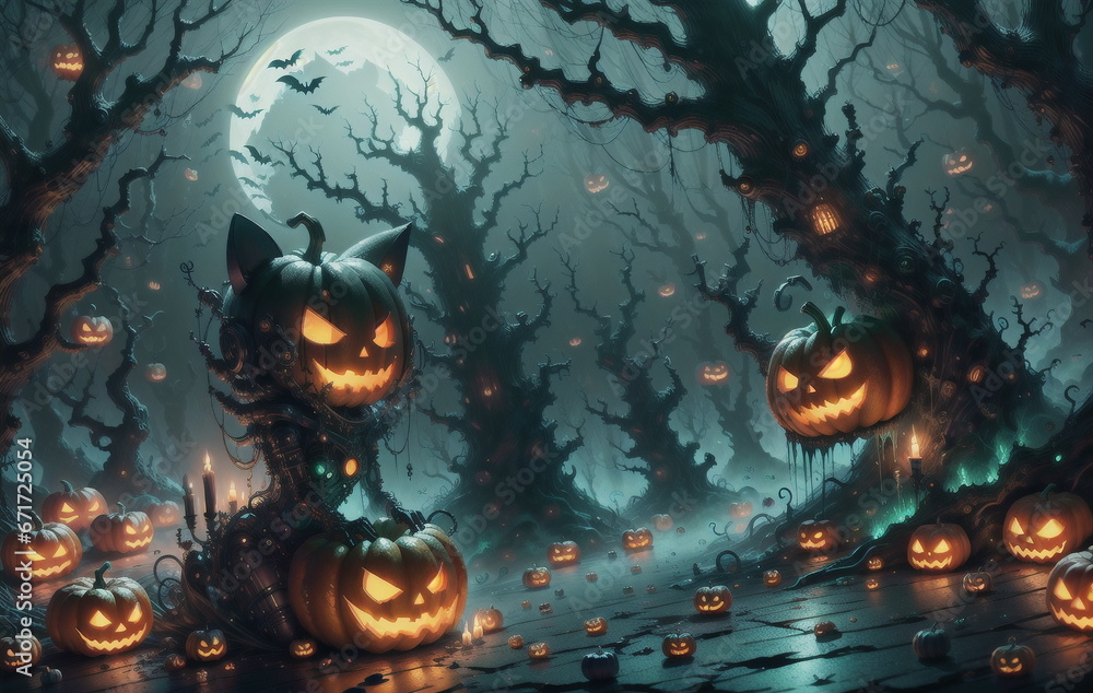 A terrifying Halloween night with jack-o'-lanterns and vampire bats. A terrifying Halloween night with jack-o'-lanterns and vampire bats.