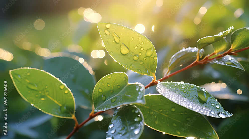A close-up of dew-kissed leaves in the early morning light, showcasing the delicate beauty of nature A close-up of dew-kissed leaves in the early morning light, showcasing the delicate beauty of nature