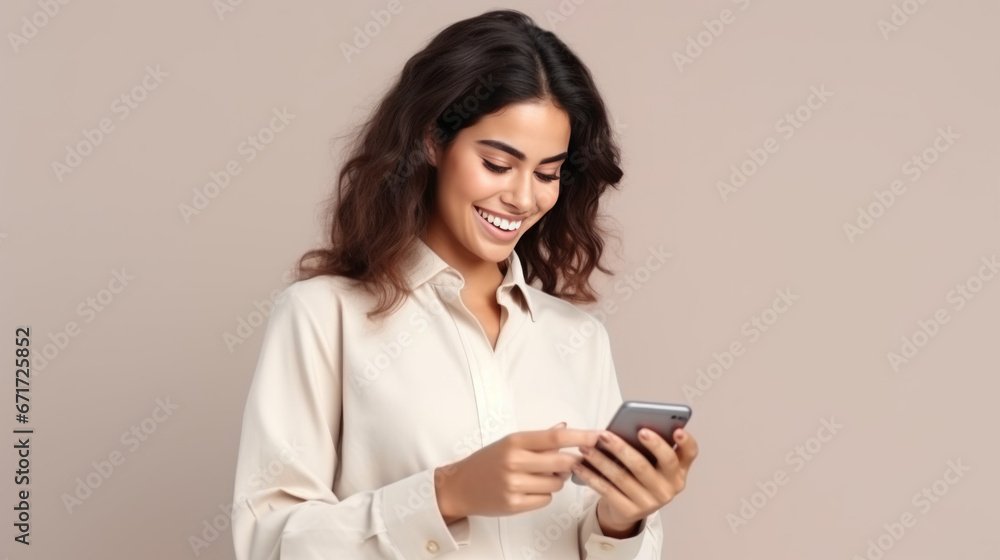 portrait studio d'une jeune femme brune souriante en train d'utiliser une application sur son téléphone portable pour faire un achat ou communiquer portrait studio d'une jeune femme brune souriante en train d'utiliser une application sur son téléphone portable pour faire un achat ou communiquer