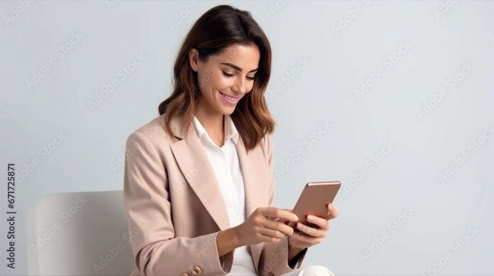 portrait studio d'une jeune femme brune souriante en train d'utiliser une application sur son téléphone portable pour faire un achat ou communiquer portrait studio d'une jeune femme brune souriante en train d'utiliser une application sur son téléphone portable pour faire un achat ou communiquer