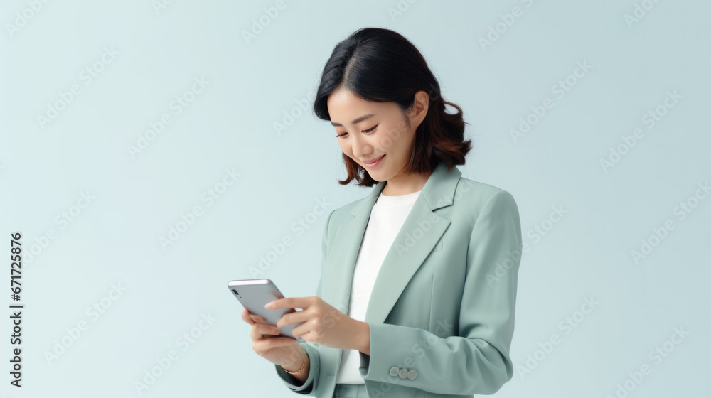 portrait studio d'une jeune femme brune souriante en train d'utiliser une application sur son téléphone portable pour faire un achat ou communiquer - obrazy, fototapety, plakaty 