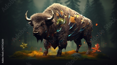 Image of a bison that stands gracefully of the forest.Generative AI photo