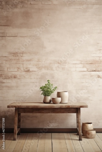 A simple wooden table with three pots placed on top. This image can be used to showcase a rustic or farmhouse-style setting.