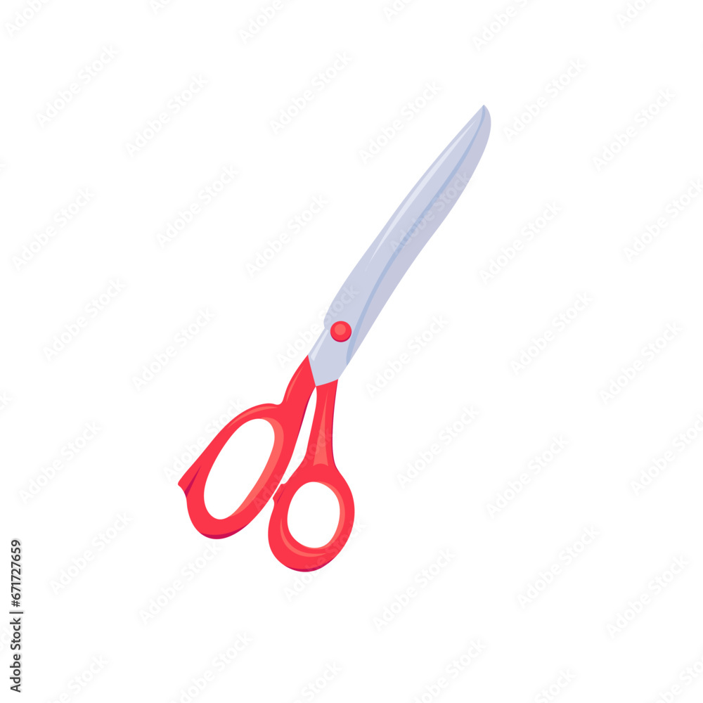 Cartoon style scissors with red handles. Sewing or tailoring tool. Vector illustration of scissor equipment on a white background. Isolated vector icon of scissors. Cartoon style scissors with red handles. Sewing or tailoring tool. Vector illustration of scissor equipment on a white background. Isolated vector icon of scissors.