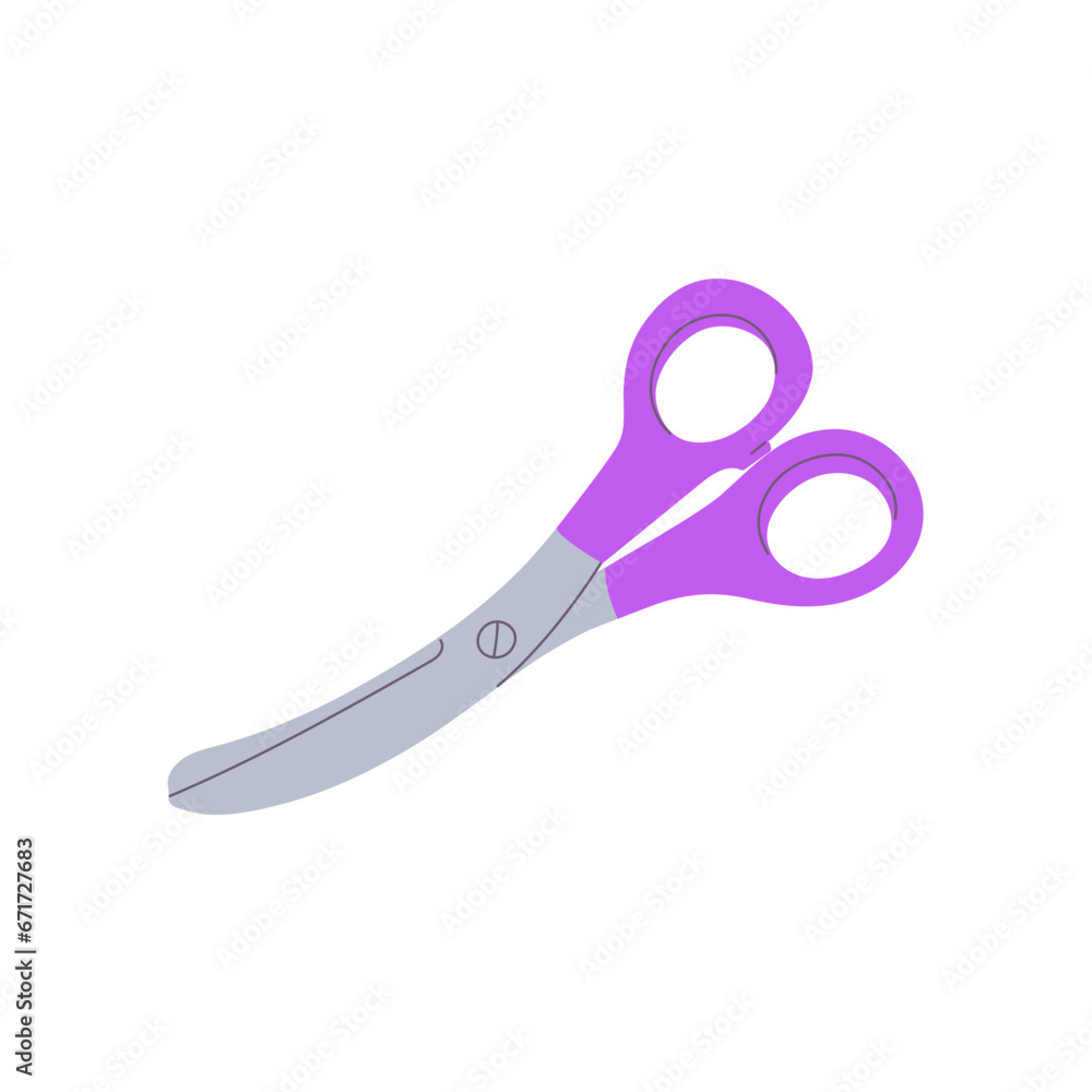 Flat style scissors with purple handles. Sewing or tailoring tool. Vector illustration of scissor equipment on a white background. Isolated vector icon of scissors. Flat style scissors with purple handles. Sewing or tailoring tool. Vector illustration of scissor equipment on a white background. Isolated vector icon of scissors.