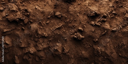 A close-up view of a dirt surface with scattered bones. This image can be used to depict archaeological discoveries  forensic investigations  or Halloween-themed designs.