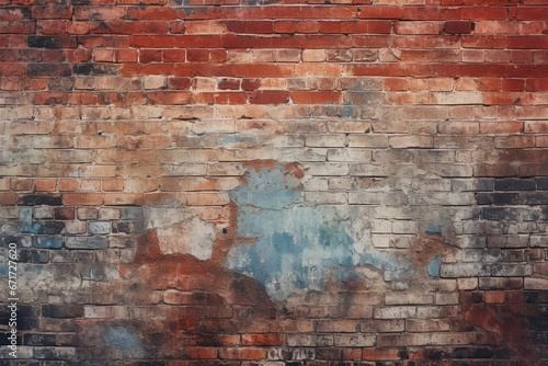 An image of an old brick wall with peeling paint. This picture can be used to represent decay  aging  or urban grunge. It can also be used as a background for text or graphic elements.