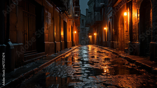 Dark alleyways illuminated by the orange glow of lights  raindrops bouncing off the ground