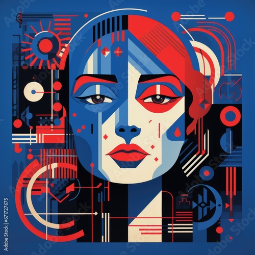 Hypnotic mesmerizing exotic abstract cryptic art women portrait graphic in blue and red