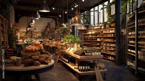 An artisanal food shop resplendent in earthy tones, shelving curated cheeses, wines, and an assortment of organic produce.