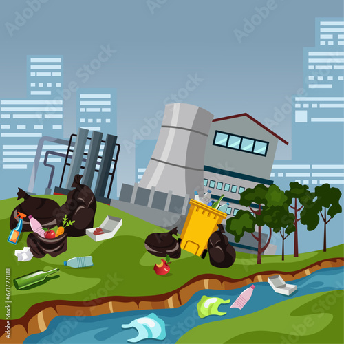 Plastic water and air pollution. The plant pollutes the air, plastic in the water, and a lot of garbage. vector