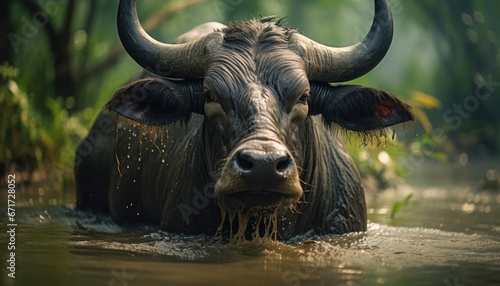 Photo of a Majestic Asian Water Buffalo in Serene Waters © Anna
