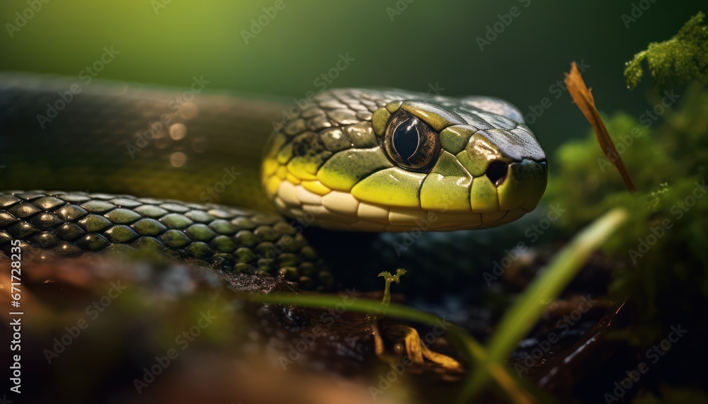 Fototapeta premium Photo of Close Up of a Slithering Grass Snake on the Forest Floor