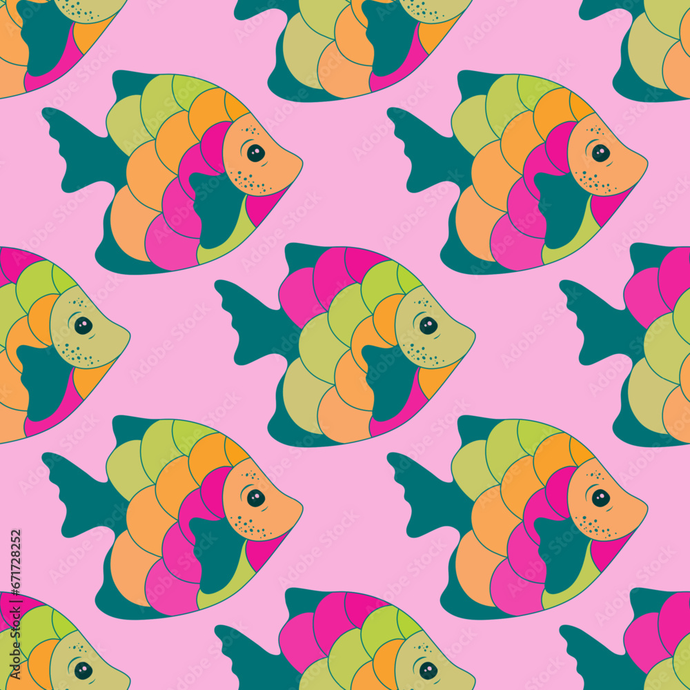 Doodle coral reef fish endless pattern illustration. Aquatic creatures swimming. Summer
