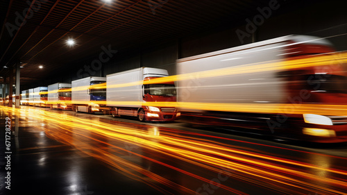 Trucks in a transport company on the move long exposure. at night. Generative AI