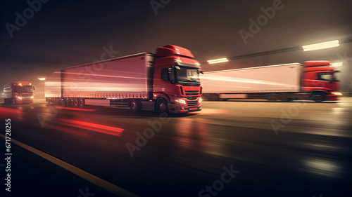 Trucks in a transport company on the move long exposure. at night. Generative AI